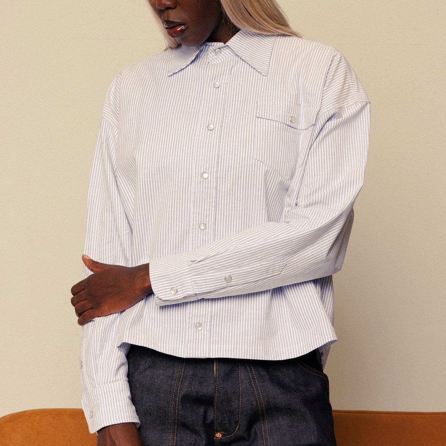 "Blusa" Oxford Cloth Button Down (Pinstripe Blue)